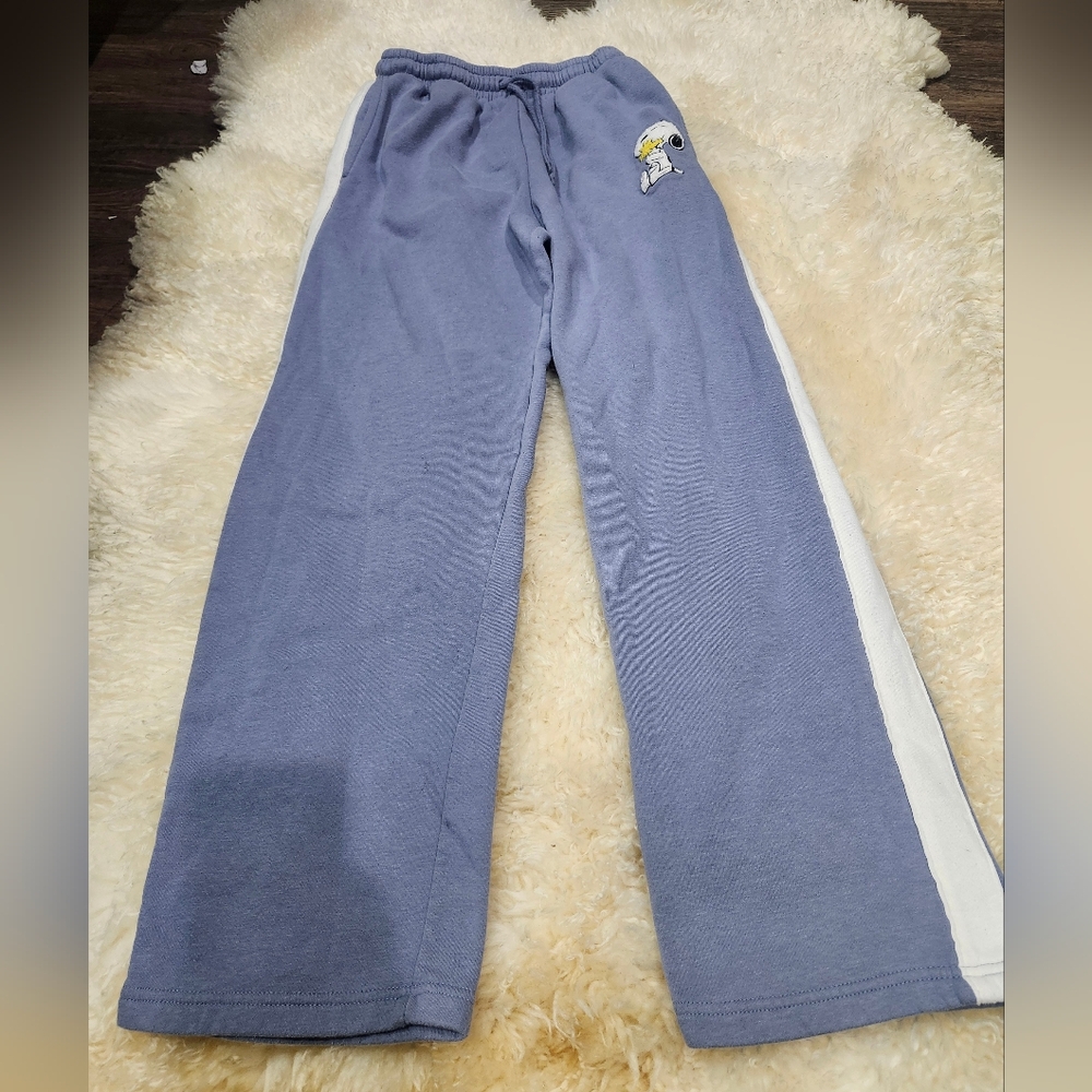 Peanuts Periwinkle Track Pants with White Side Stripe and Cartoon Patch Size XS